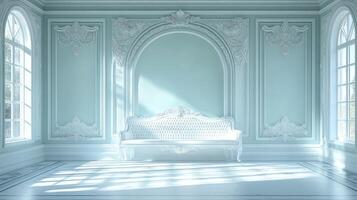A room with a white bench and a window photo