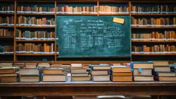A table with many books on it in front of a chalkboard photo