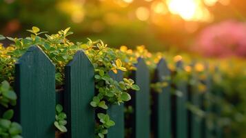 A green picket fence with plants growing on it photo