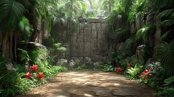 A jungle scene with a stone path and trees photo