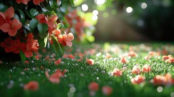 A grassy field with flowers and sunlight photo