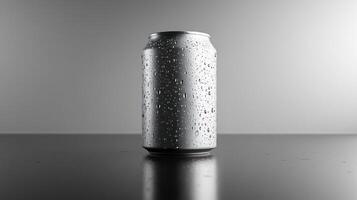 A can of beer on a table with a reflection photo