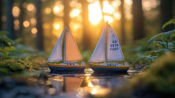 Two toy sailboats in the water with the sun setting photo