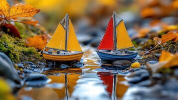 Two miniature sailboats are sitting on the water photo
