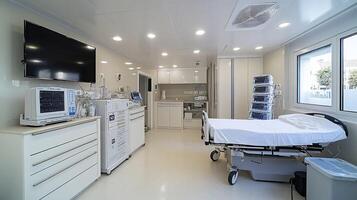 A hospital room with a bed, a television, and a refrigerator photo