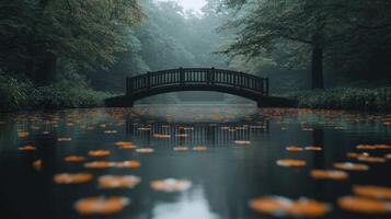 A bridge over a pond with orange flowers photo