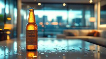 A beer bottle sitting on a table in front of a city skyline photo