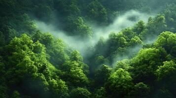 Green forest with fog and mist photo