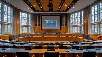 A large auditorium with many rows of chairs photo