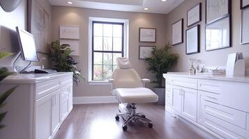 A white office with a desk, chair and plants photo