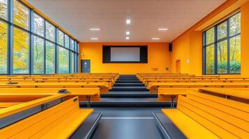 A large auditorium with orange benches and a projector screen photo