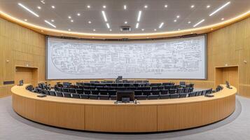 A circular room with a large screen on the wall photo
