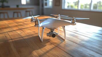 A white drone sitting on a wooden table photo