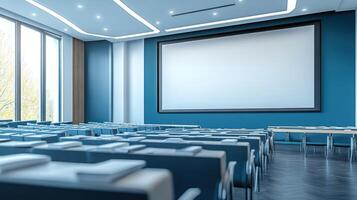 A large conference room with blue chairs and a projector screen photo