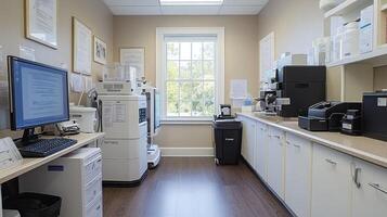 A long hallway with a computer and printer on the wall photo