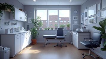 A room with a desk, chair, and a window photo