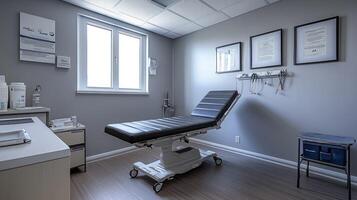 A medical room with a bed and a window photo