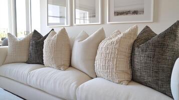 A white couch with pillows and a few pictures on the wall photo