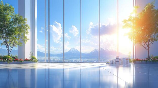 A large room with a view of mountains and trees photo