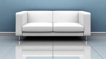 A white couch in a room with a blue wall photo