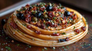 A plate of pasta with olives and cheese photo