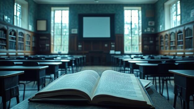 An open book sits on a table in front of a classroom photo