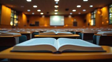 An open book is sitting on a desk in a lecture hall photo