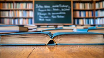 An open book on a table in front of a blackboard photo