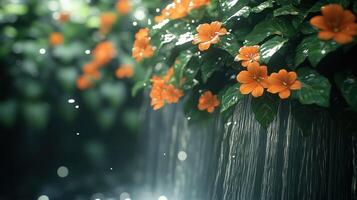 Orange flowers in a waterfall photo
