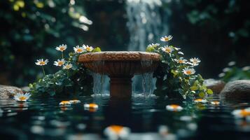 A fountain with flowers in the water photo