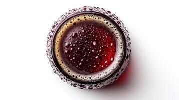 A red liquid is sitting in a glass on a white surface photo
