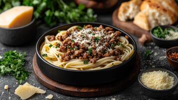 Spaghetti with meat and cheese in a bowl on a dark background photo