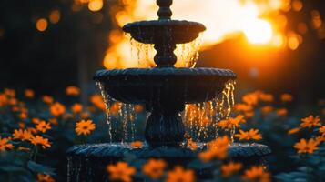 Fountain in the garden at sunset photo