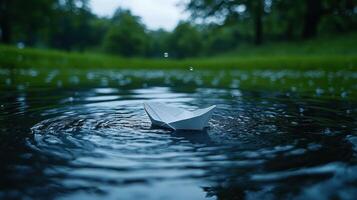 Paper boat floating in water with raindrops photo