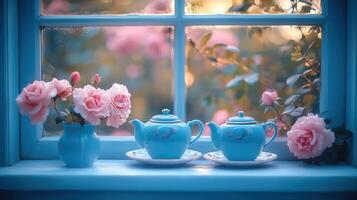 Two blue teapots and pink roses sit on a window sill photo