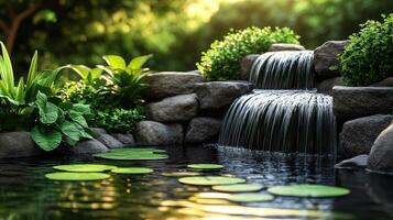 A waterfall in a pond with lily pads photo