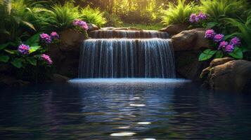 Waterfall in the jungle with flowers and plants photo