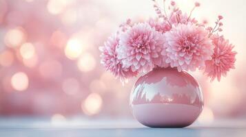 A pink vase with pink flowers on a table photo