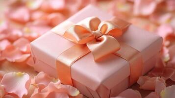 Gift box with pink ribbon and rose petals on a background of pink petals photo
