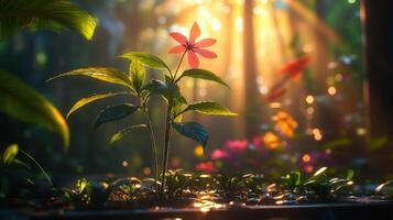 A flower growing in a pond with sunlight shining through the trees photo