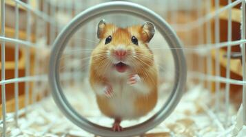 A hamster in a cage looking out through a circular mirror photo