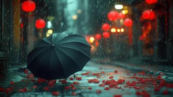 A black umbrella is standing in the rain photo