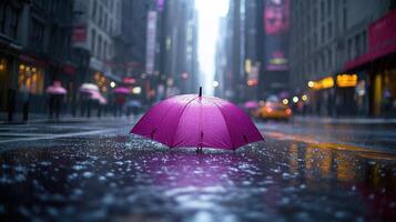 A pink umbrella is sitting on the wet street photo