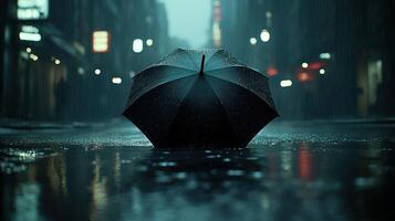 A black umbrella sitting in the rain on a wet street photo