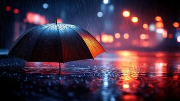 An umbrella is standing in the rain at night photo