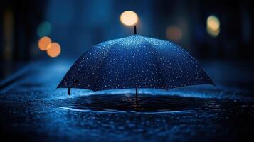 An umbrella is standing in a puddle of water photo