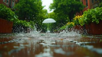 A person is standing under an umbrella in the rain photo