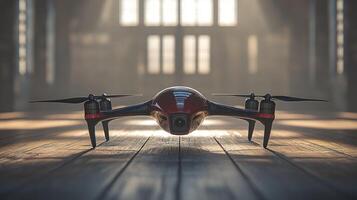 A small black and red drone on the floor photo