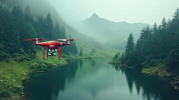 A red drone flying over a mountain lake photo