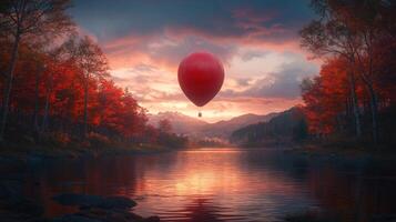 A red balloon floating in the air over a lake photo